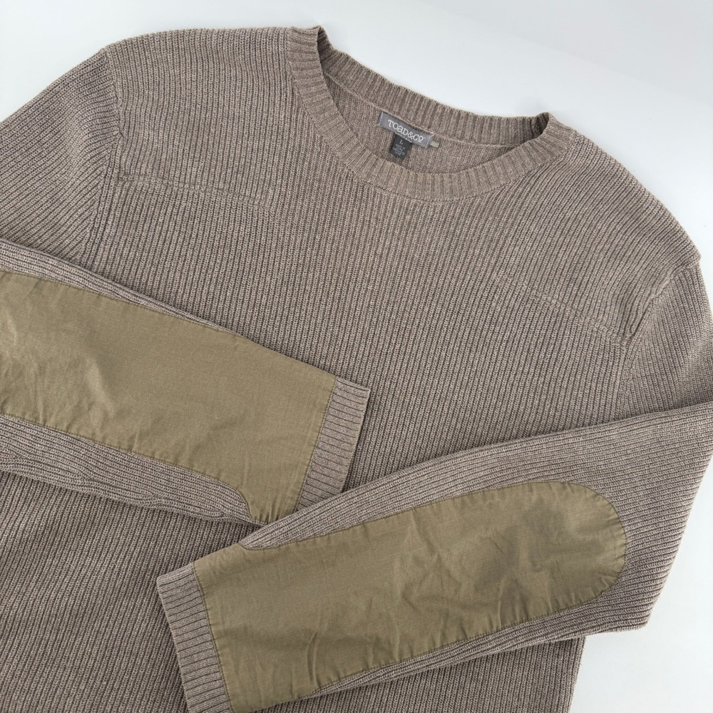 Toad&Co Cotton Shaker Sweater Mens Large Brown Elbow Patches Organic Knit Rugged